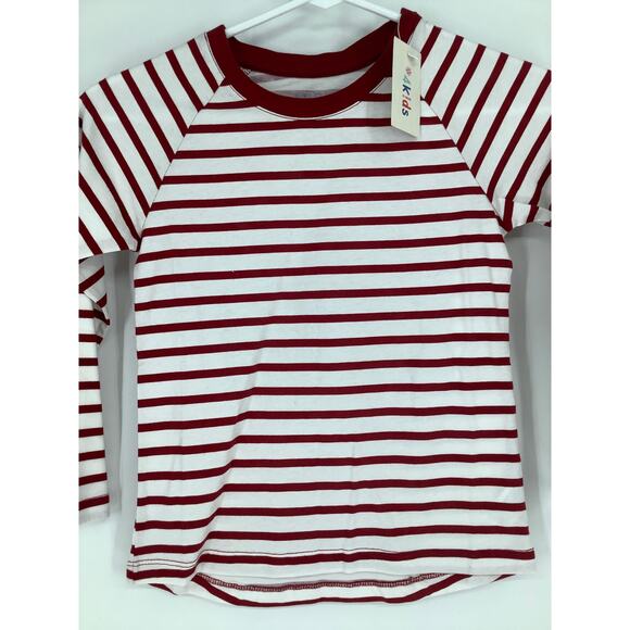4Kids Girls Small 6/6X Red Cream Striped Crew T Shirt Long Sleeve Cotton M34-2 - Picture 2 of 8